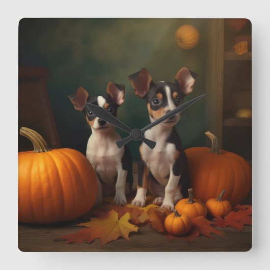 Horloge Carrée Rat Terrier Chiot Automne Citrouille délice (Recto)