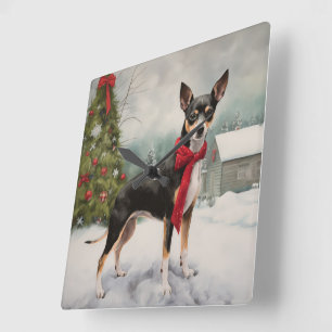 Horloge Carrée Rat Terrier dans la neige de Noël
