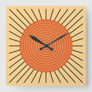 Horloge Carrée Rayon de soleil géométrique moderne - mandarine