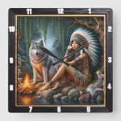 Horloge Carrée Rayonnement autochtone : Glade de forêt Chanson du (Recto)