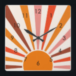 Horloge Carrée Rayons Soleil Rétro Coucher Soleil Orange Jaune Ro<br><div class="desc">Le design rétro du soleil éclate dans les tons chauds rose,  marron,  orange. Rayons de soleil orange modernes rétro,  soleil matinal géométrique art abstrait.</div>