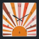 Horloge Carrée Rayons Soleil Rétro Coucher Soleil Orange Jaune Ro<br><div class="desc">Le design rétro du soleil éclate dans les tons chauds rose,  marron,  orange. Rayons de soleil orange modernes rétro,  soleil matinal géométrique art abstrait.</div>