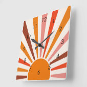 Horloge Carrée Rayons Soleil Rétro Coucher Soleil Orange Jaune Ro (Angle)
