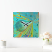 Horloge Carrée Rays on Planet Abstract Design in Turquoise (Maison)
