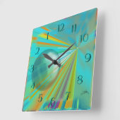 Horloge Carrée Rays on Planet Abstract Design in Turquoise (Angle)