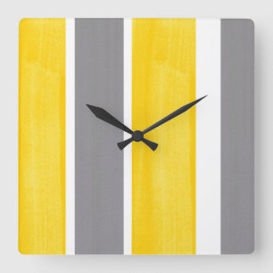 Horloge Carrée Rayure jaune 2 modernes de blanc gris