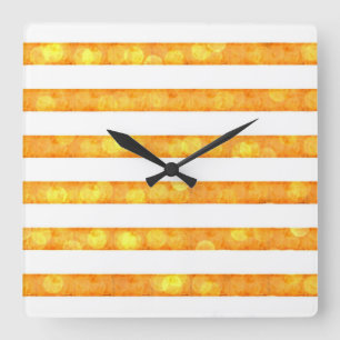 Horloge Carrée Rayures Bokeh Orange Et Blanc