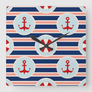 Horloge Carrée Rayures et motif de points nautiques
