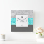 Horloge Carrée Rayures grises de bloc de turquoise (Maison)