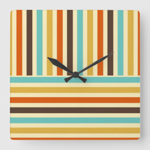 Horloge Carrée Rayures Horizontales Verticales Bleu Jaune Rouge
