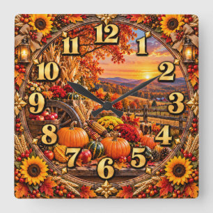 Horloge Carrée Récolte d'automne, campagne, coucher de soleil