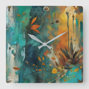 Horloge Carrée Récolte d'automne Turquoise rouille or Abstrait