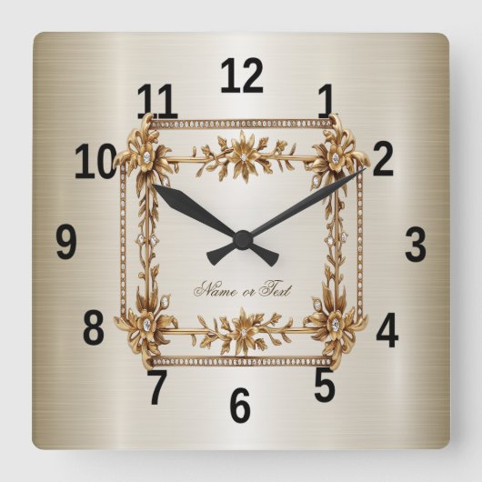 Horloge Carrée Rectangle Orné de Fleurs de Diamant Dorées Brillan (Recto)