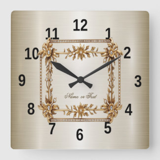 Horloge Carrée Rectangle Orné de Fleurs Diamantées Dorées Brillan