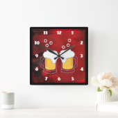 Horloge Carrée Red Abstract modern with Beer Mugs (Maison)