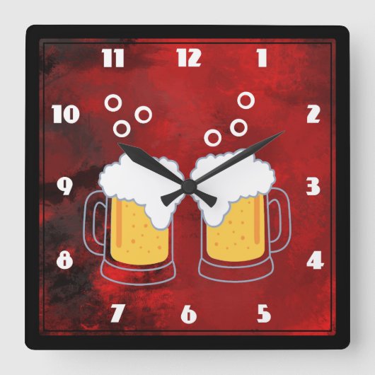 Horloge Carrée Red Abstract modern with Beer Mugs (Recto)