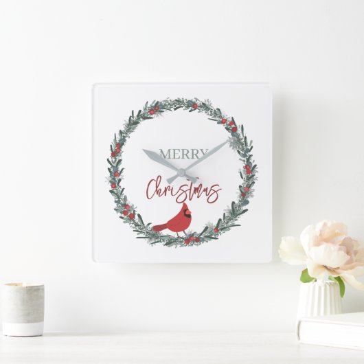 Horloge Carrée Red Berries Wreath and Red Cardinal Christmas  (Maison)