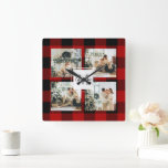 Horloge Carrée Red Buffalo Plaid & Collage Photo Avec Initiale<br><div class="desc">Red Buffalo Plaid & Collage Photo Avec Initiale</div>