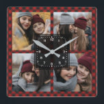 Horloge Carrée Red Buffalo Plaid Lumberjack Family Photo Collage<br><div class="desc">Upload your favorite photographite make your own unique personalized photo gift.</div>
