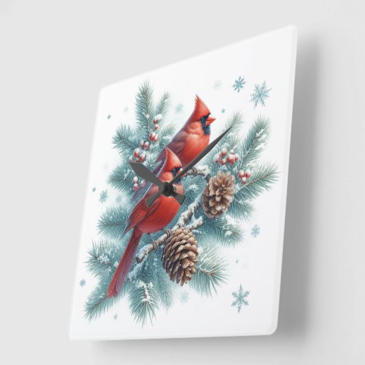 Horloge Carrée Red Cardinal Bird and Pine Wall Clock (Angle)