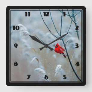 Horloge Carrée Red Cardinal dans Winter Nature Photo de Christmas