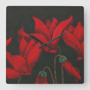 Horloge Carrée Red Cyclamen blossom on dark background