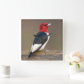 Horloge Carrée Red-headed Woodpecker on fence (Maison)