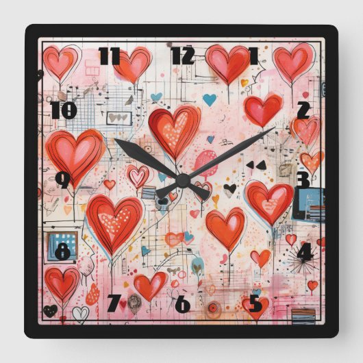 Horloge Carrée Red Hearts Whimsical Love Motif (Recto)