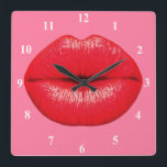 Horloge Carrée Red Lipstick big pop art lips on girly pink<br><div class="desc">A design based on pop art of large red lips with lipstick supersized against a girly candy pink coloured background. The background colour can be customised and change d to any bright colour that would suit yout décor.</div>