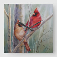 Red Northern Cardinal Bird Pair Aquarelle Art