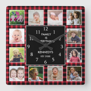 Horloge Carrée Red Plaid 12 Photo Collage Famille Citation Noël