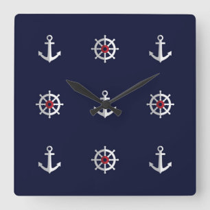 Horloge Carrée Red White And Blue Anchor Pattern