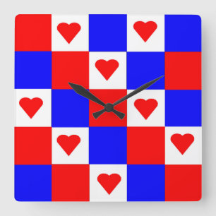 Horloge Carrée Red, White and Blue Squares with Red Hearts