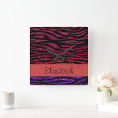 Horloge Carrée Red Zebra, Purple Zebra, Glitter Zebra, Your Name (Maison)