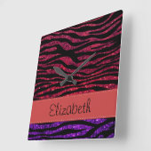 Horloge Carrée Red Zebra, Purple Zebra, Glitter Zebra, Your Name (Angle)