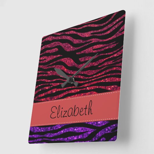 Horloge Carrée Red Zebra, Purple Zebra, Glitter Zebra, Your Name (Angle)