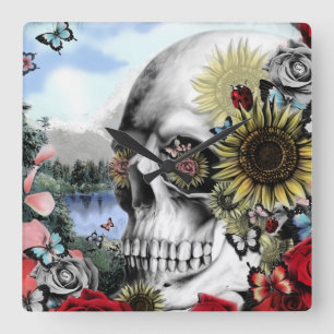 Horloge Carrée Réflexion, crâne de paysage