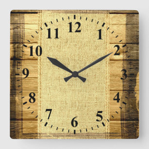 Horloge Carrée Regard du bois rustique de toile de jute vintage