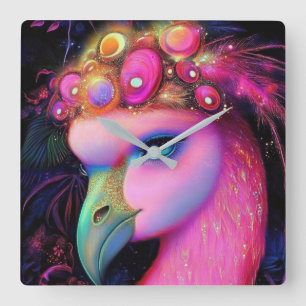 Horloge Carrée Reine du Flamant rose cosmique
