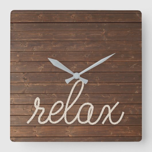 Horloge Carrée Relax texte et corde nautique sur teck (Recto)