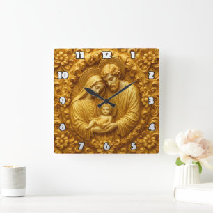 Horloge Carrée Relief dévotionnel de la Sainte Famille en or