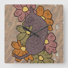 Reloj de pared cuadrado con diseño perro y flores