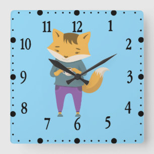Horloge Carrée Renard mignon avec tasse de thé