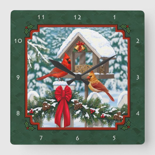 Horloge Carrée Repas de Noël des cardinaux Vert (Recto)