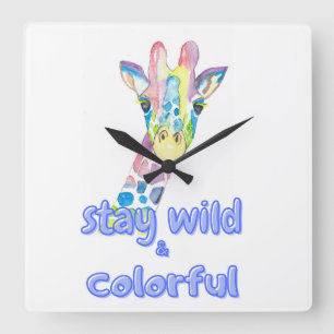 Horloge Carrée Restez Sauvages & Colorés – Girafe Colorée à l'Aqu