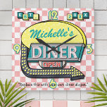 Horloge Carrée Retro 50's Diner Signer rose Turquoise Nom personn<br><div class="desc">Créez votre propre horloge à l'enseigne de style 1950 en utilisant ce modèle simple. Ces horloges rétro cool ont un arrière - plan à damiers rose et blanc légèrement en détresse avec une pancarte sur le dessus qui dit "DÎNER" et "OUVRIR" en néon avec espace pour vous d'ajouter votre propre...</div>