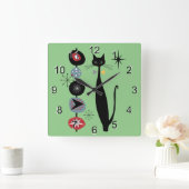 Horloge Carrée Retro Atomic Era Mid Century Modern MCM Cool Cat 3 (Maison)