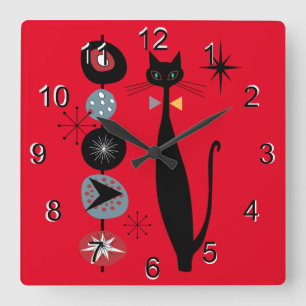 Horloge Carrée Retro Atomique Moyen Siècle Moderne MCM Cool Chat 