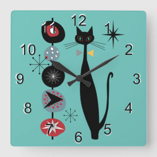 Horloge Carrée Retro Atomique Moyen Siècle Moderne MCM Cool Chat 