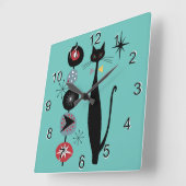 Horloge Carrée Retro Atomique Moyen Siècle Moderne MCM Cool Chat (Angle)